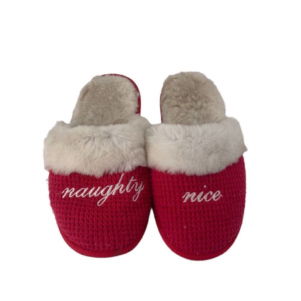 Victorias Secret Christmas Slippers Red Naughty Nice Faux Fur House Shoes Size L